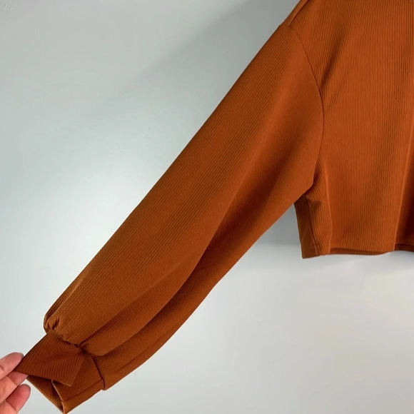 SHEIN Cropped Ribbed Lantern Sleeve Top Rust Brown Crewneck Balloon Size M - Picture 5 of 10